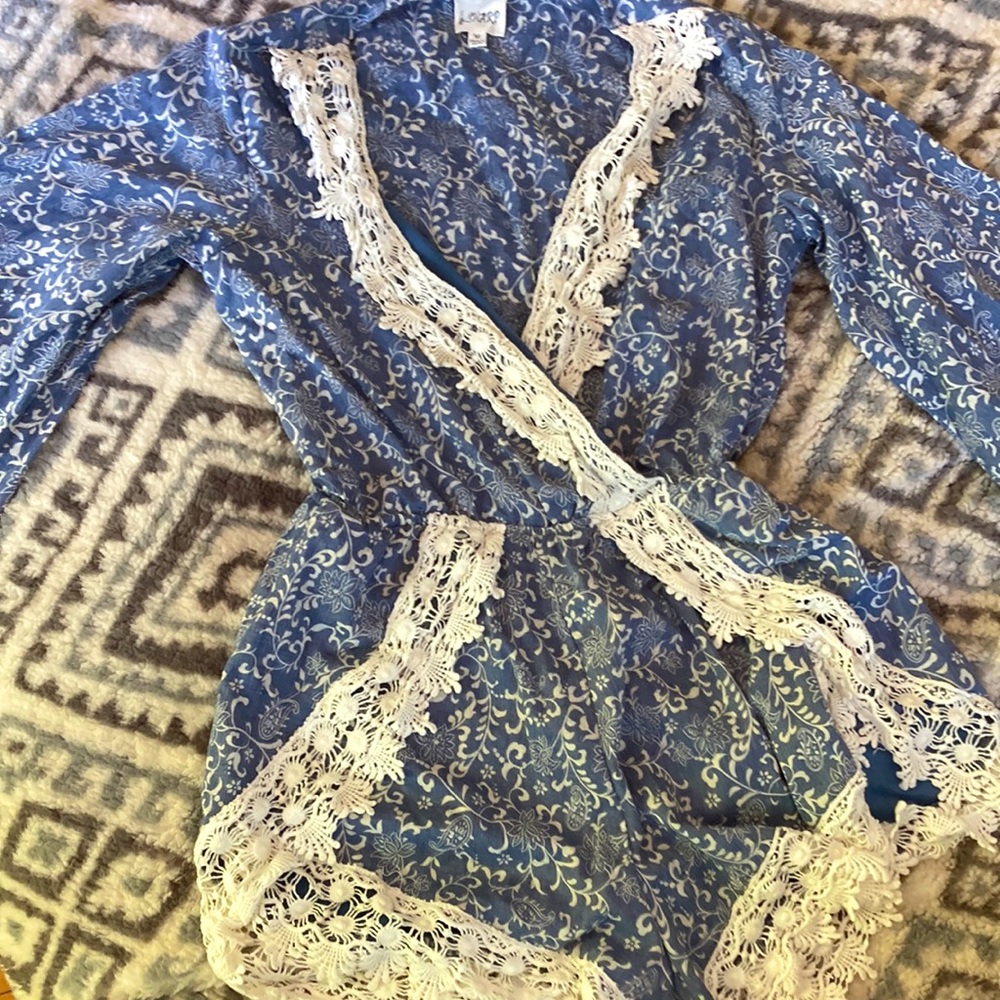 Blue and White, Polyester, Lace Trim, Gently used, Romper
